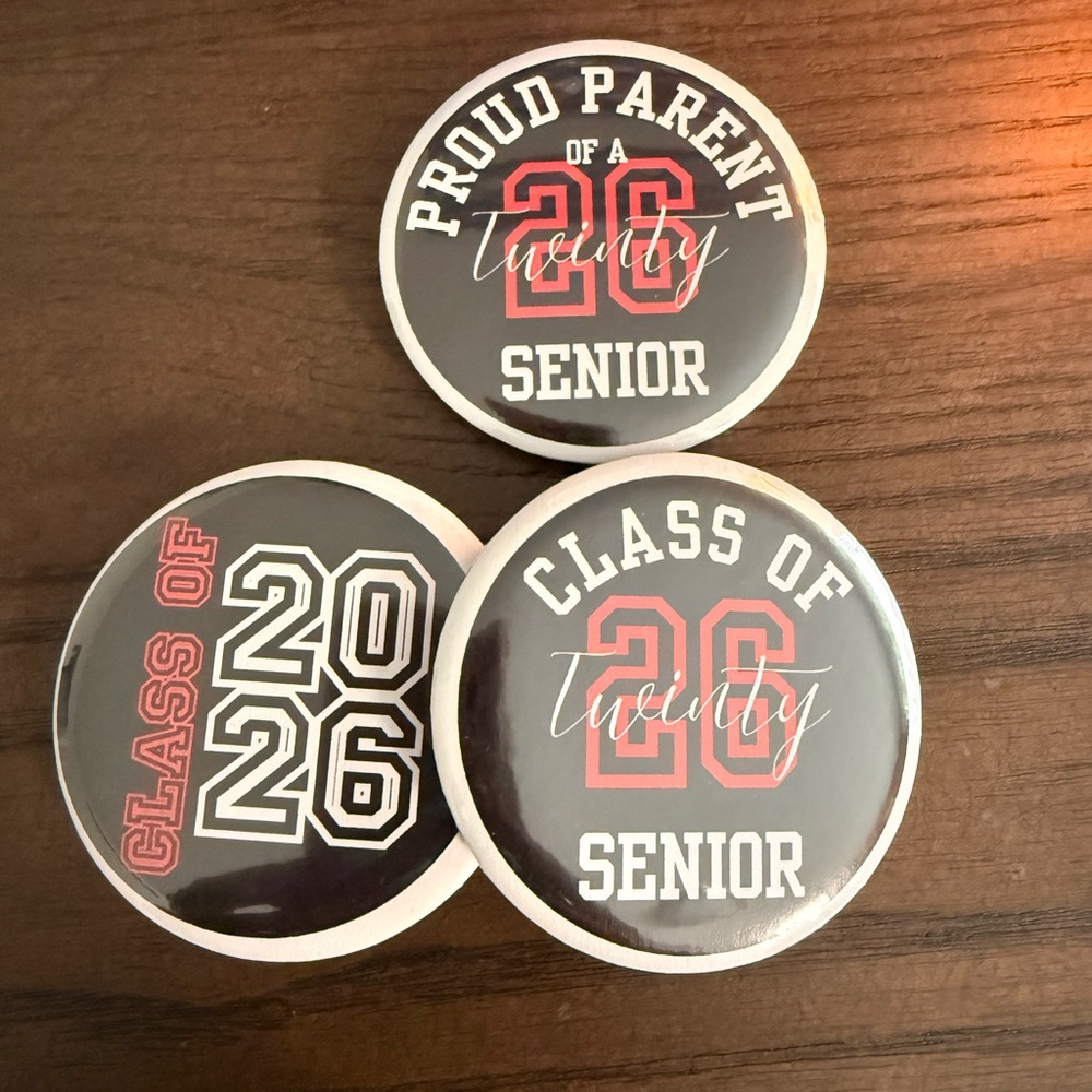 3pc Class of 2026 Senior Buttons - Black and Red Set. Custom made